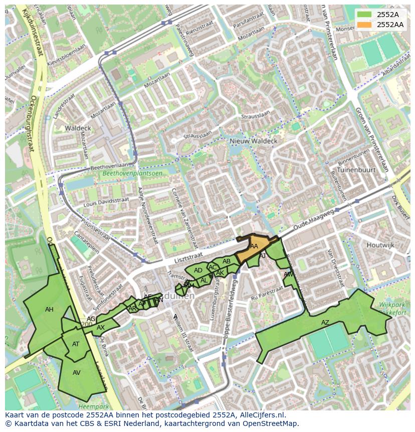 Afbeelding van het postcodegebied 2552 AA op de kaart.