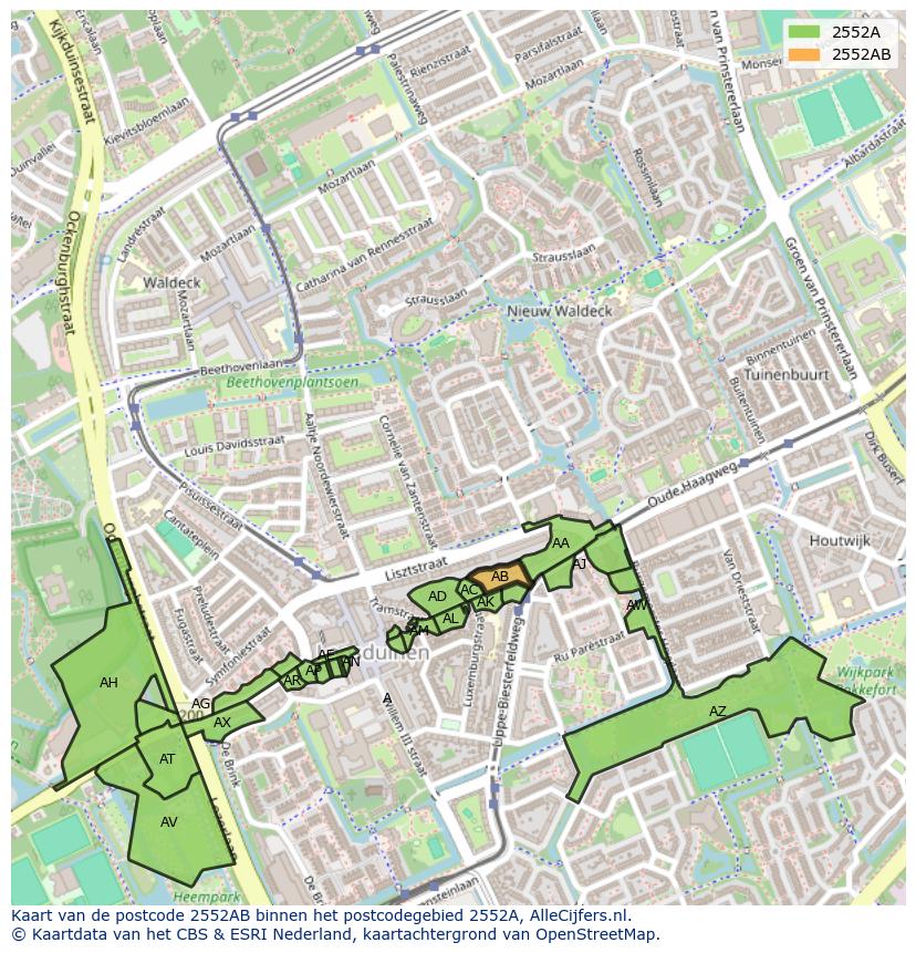 Afbeelding van het postcodegebied 2552 AB op de kaart.