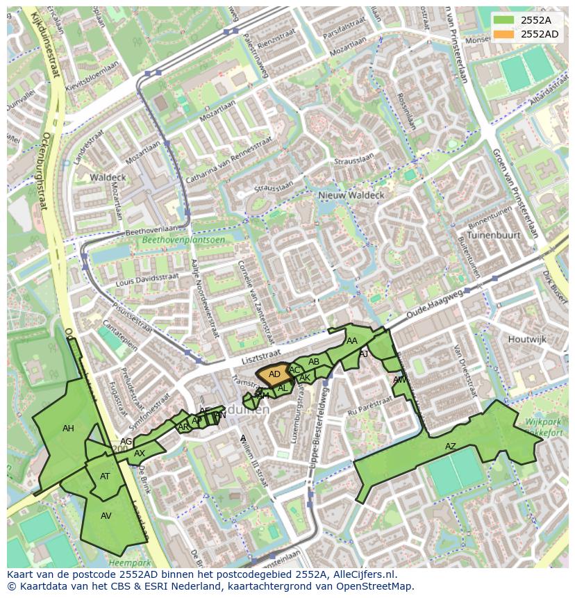 Afbeelding van het postcodegebied 2552 AD op de kaart.