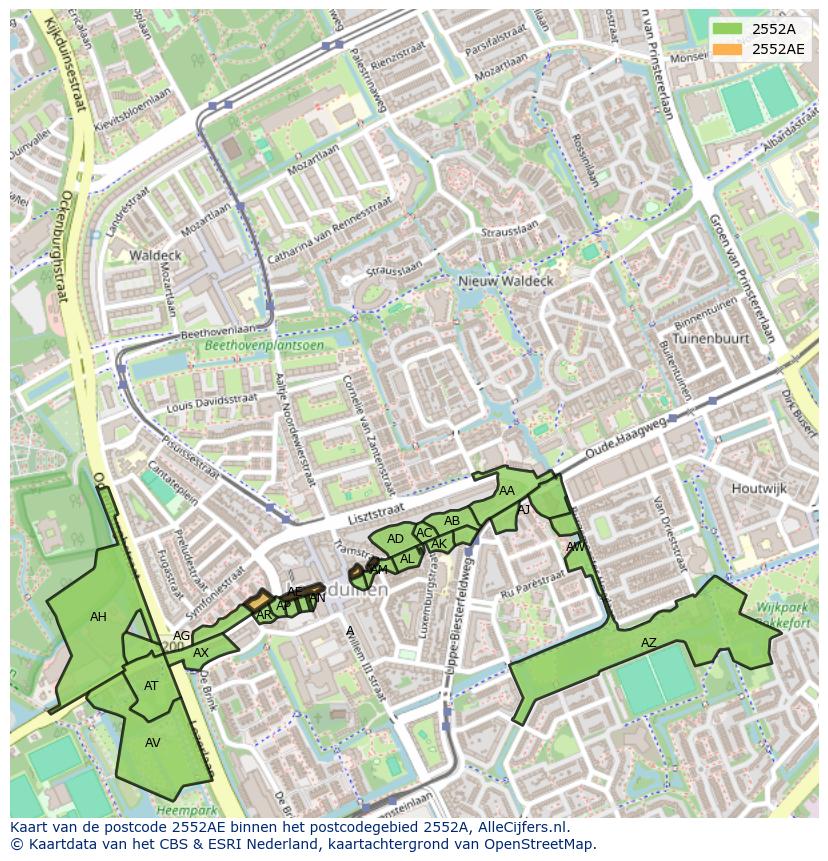 Afbeelding van het postcodegebied 2552 AE op de kaart.