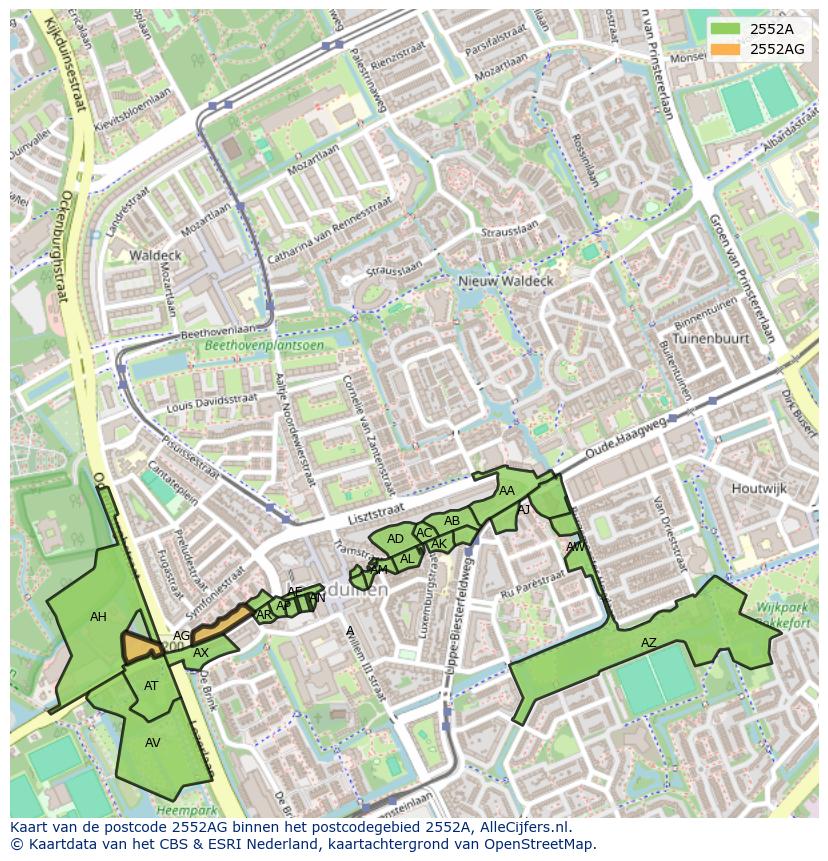 Afbeelding van het postcodegebied 2552 AG op de kaart.
