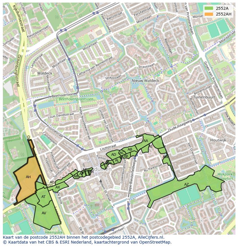 Afbeelding van het postcodegebied 2552 AH op de kaart.