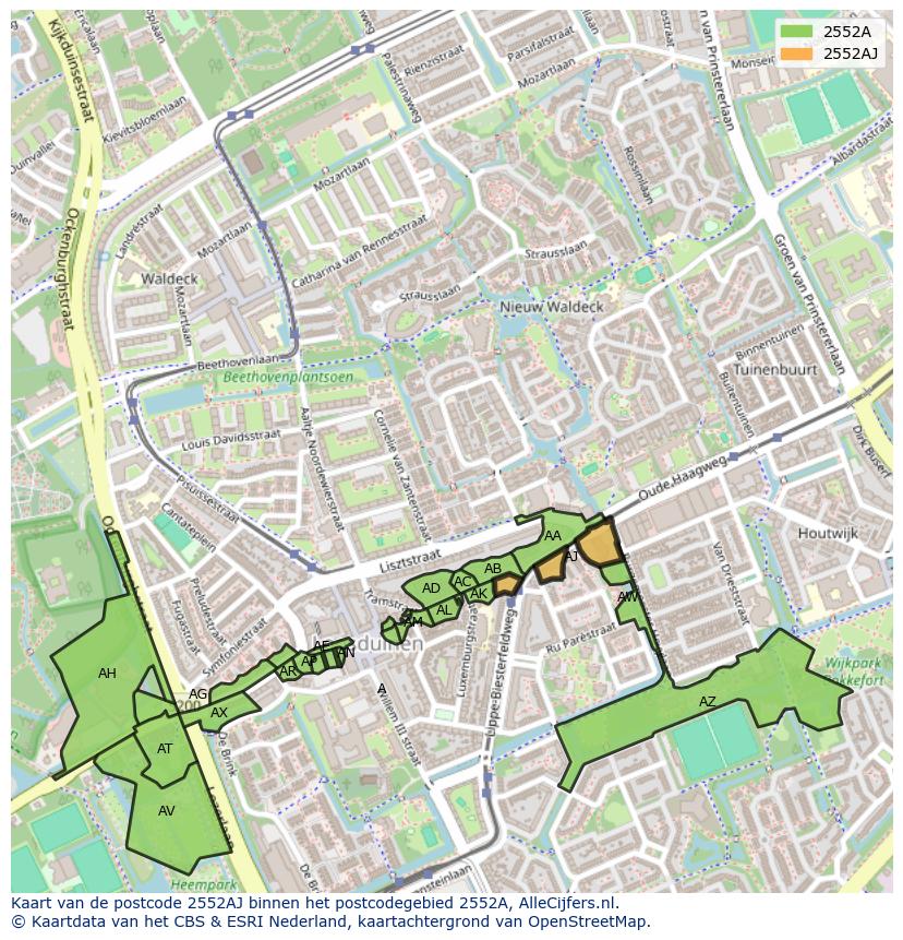 Afbeelding van het postcodegebied 2552 AJ op de kaart.