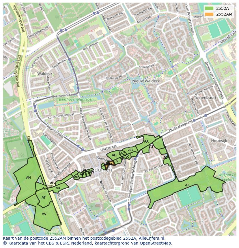 Afbeelding van het postcodegebied 2552 AM op de kaart.