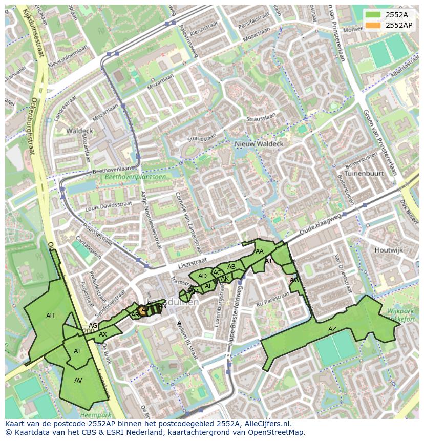 Afbeelding van het postcodegebied 2552 AP op de kaart.
