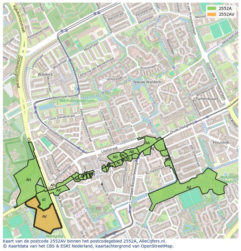 Afbeelding van het postcodegebied 2552 AV op de kaart.