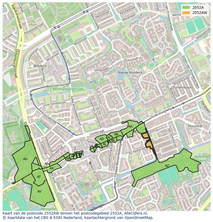 Afbeelding van het postcodegebied 2552 AW op de kaart.