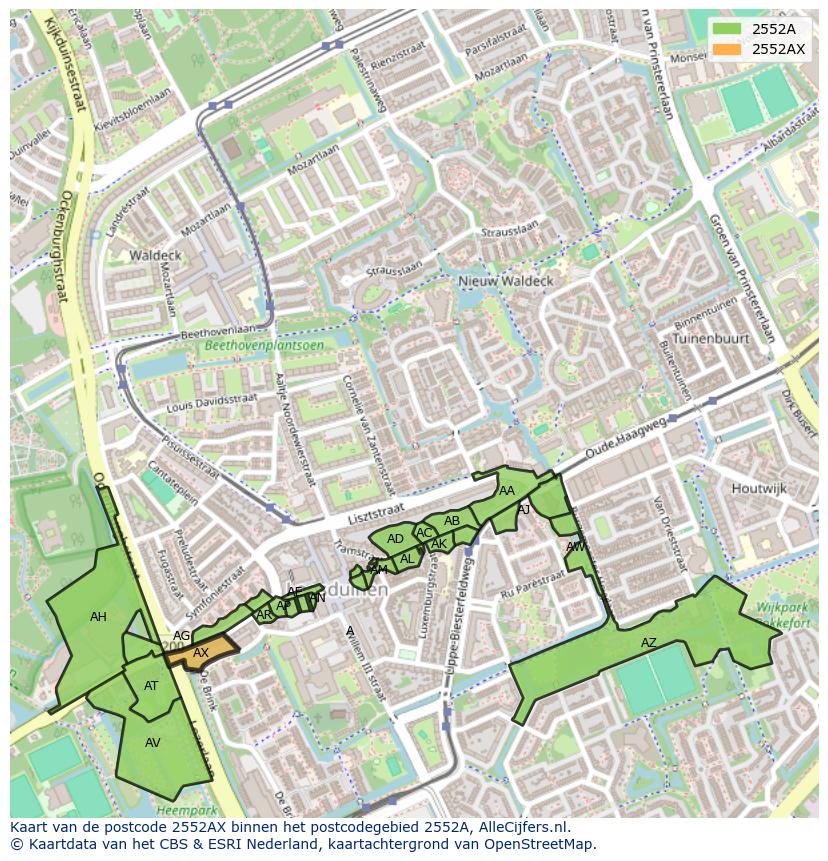 Afbeelding van het postcodegebied 2552 AX op de kaart.