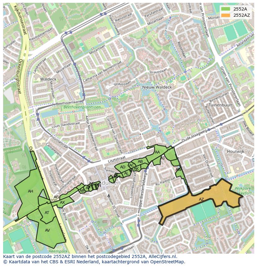 Afbeelding van het postcodegebied 2552 AZ op de kaart.