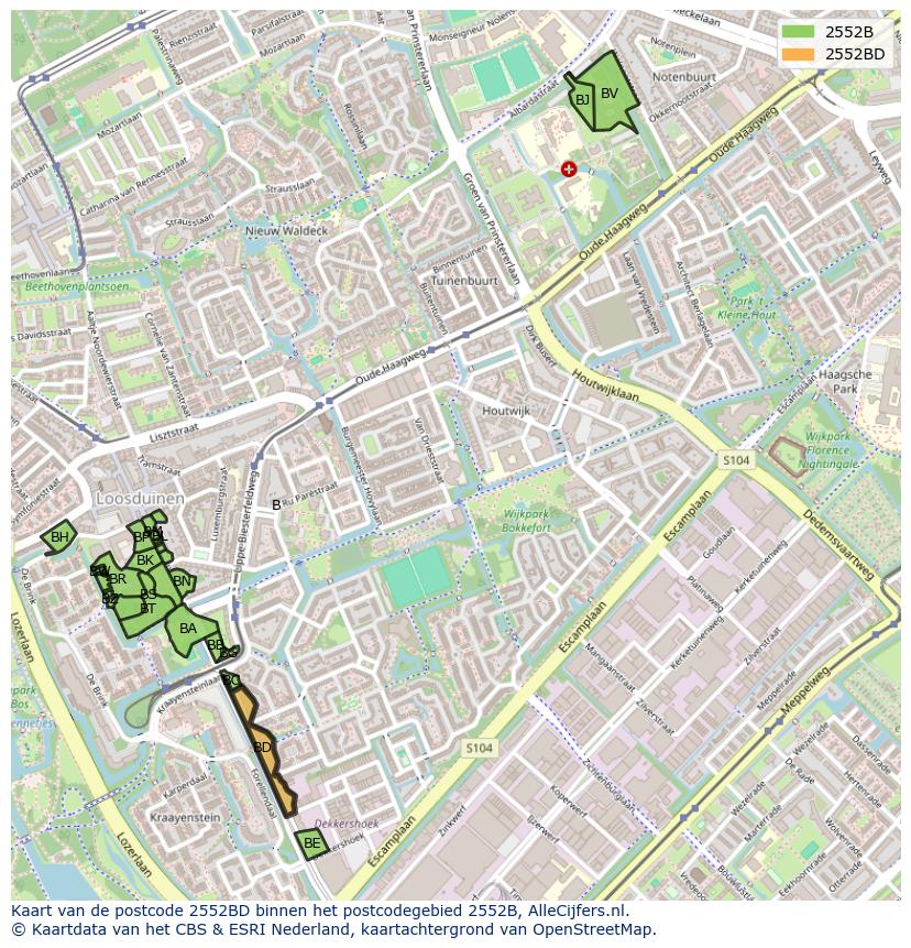 Afbeelding van het postcodegebied 2552 BD op de kaart.