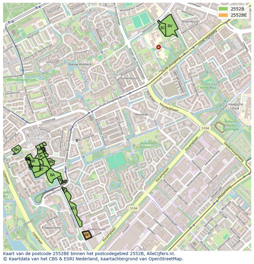 Afbeelding van het postcodegebied 2552 BE op de kaart.