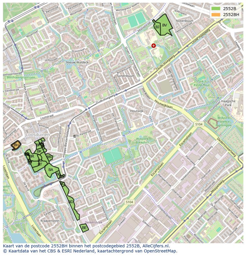 Afbeelding van het postcodegebied 2552 BH op de kaart.