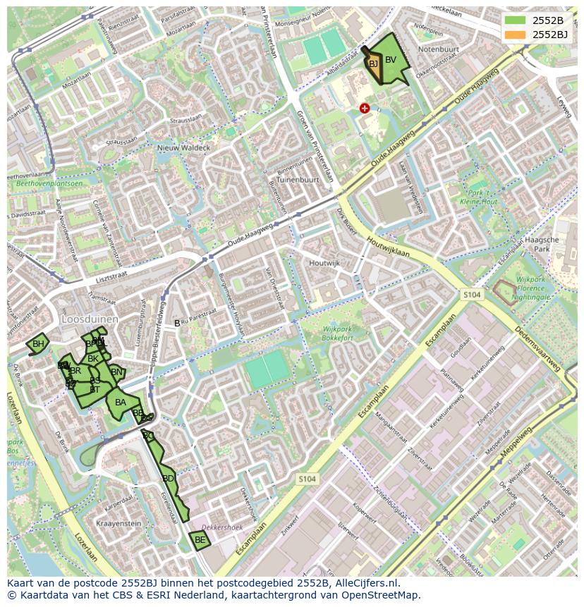 Afbeelding van het postcodegebied 2552 BJ op de kaart.