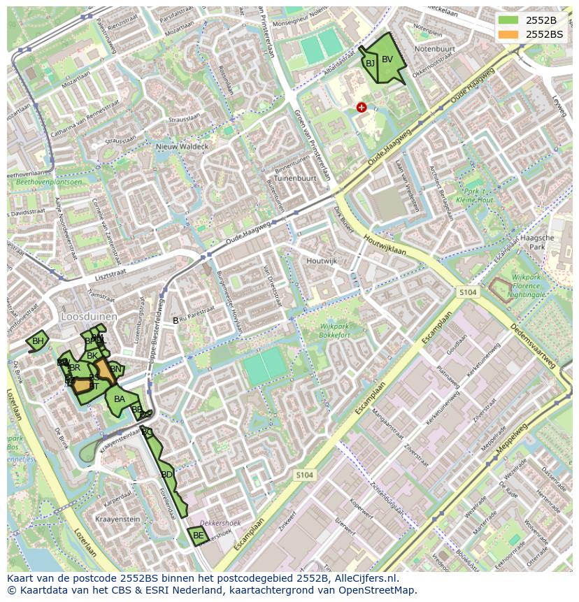 Afbeelding van het postcodegebied 2552 BS op de kaart.