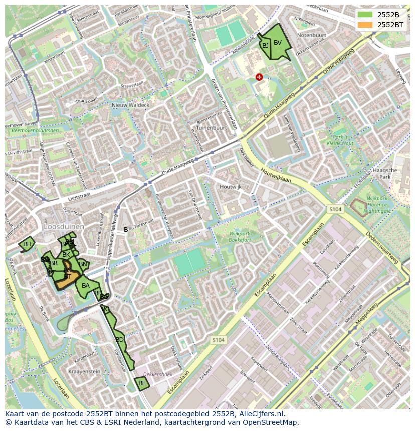Afbeelding van het postcodegebied 2552 BT op de kaart.