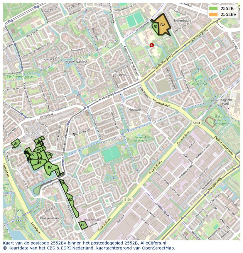 Afbeelding van het postcodegebied 2552 BV op de kaart.