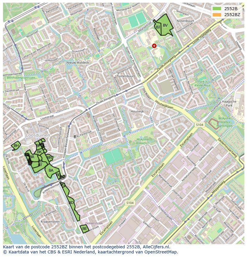 Afbeelding van het postcodegebied 2552 BZ op de kaart.
