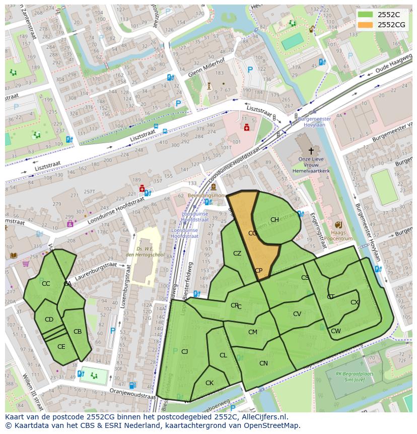 Afbeelding van het postcodegebied 2552 CG op de kaart.