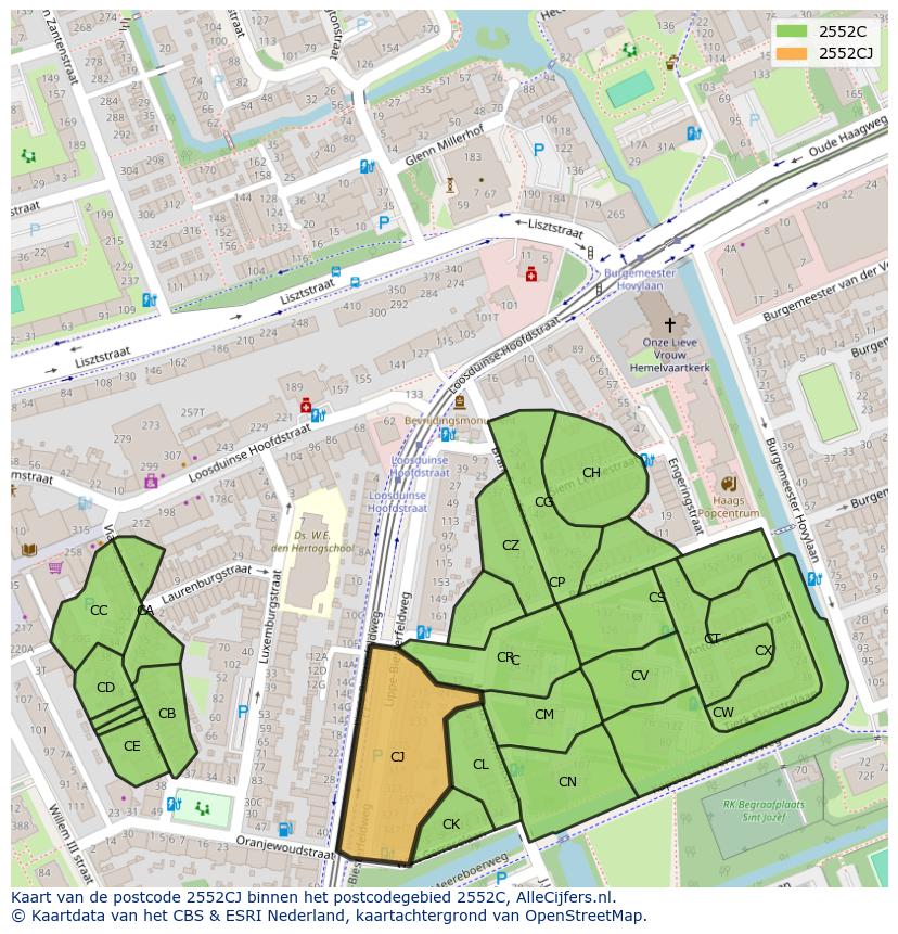Afbeelding van het postcodegebied 2552 CJ op de kaart.