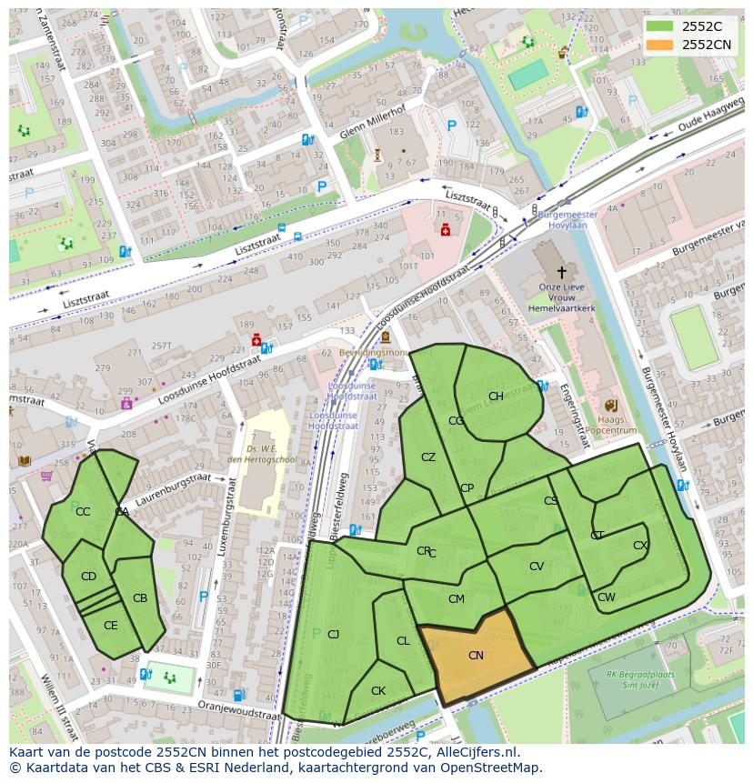 Afbeelding van het postcodegebied 2552 CN op de kaart.