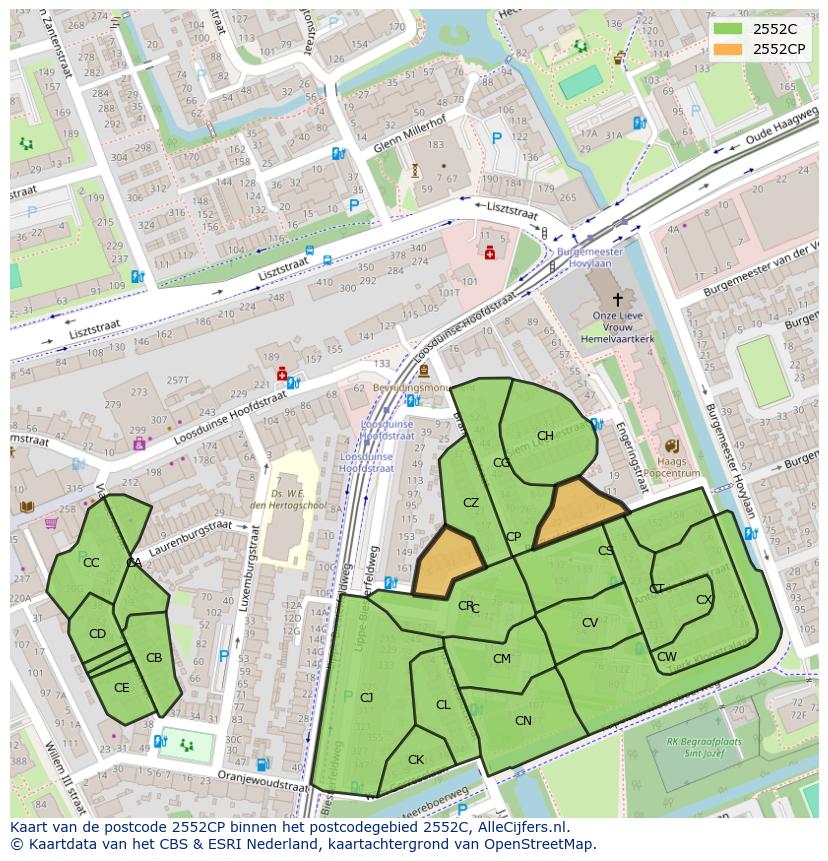 Afbeelding van het postcodegebied 2552 CP op de kaart.