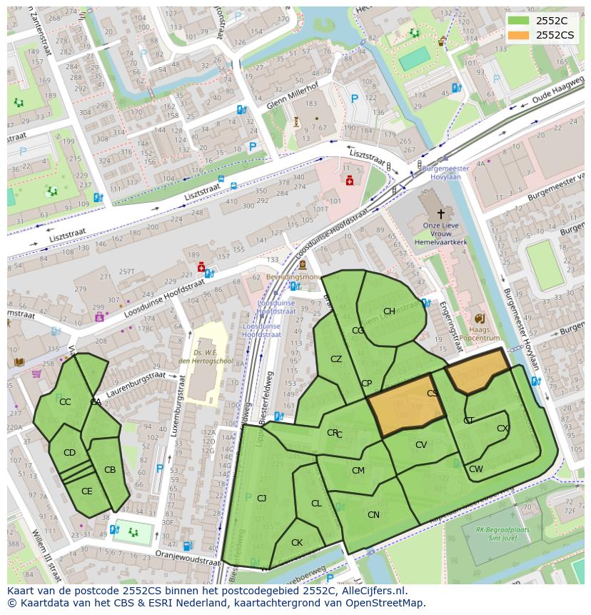 Afbeelding van het postcodegebied 2552 CS op de kaart.