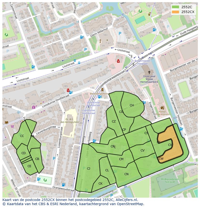 Afbeelding van het postcodegebied 2552 CX op de kaart.