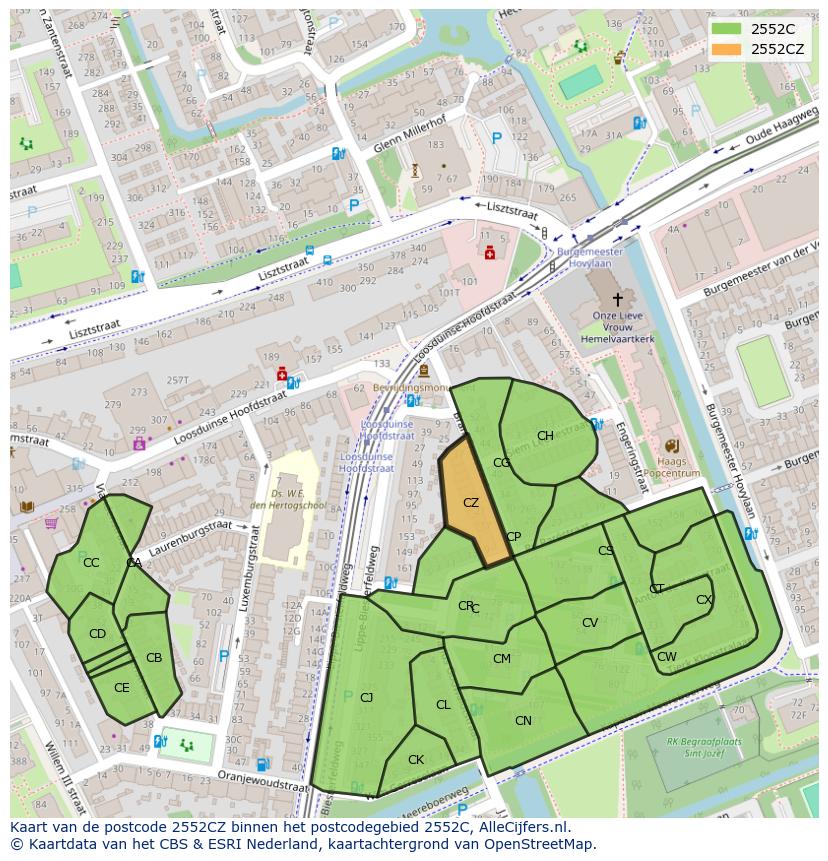 Afbeelding van het postcodegebied 2552 CZ op de kaart.