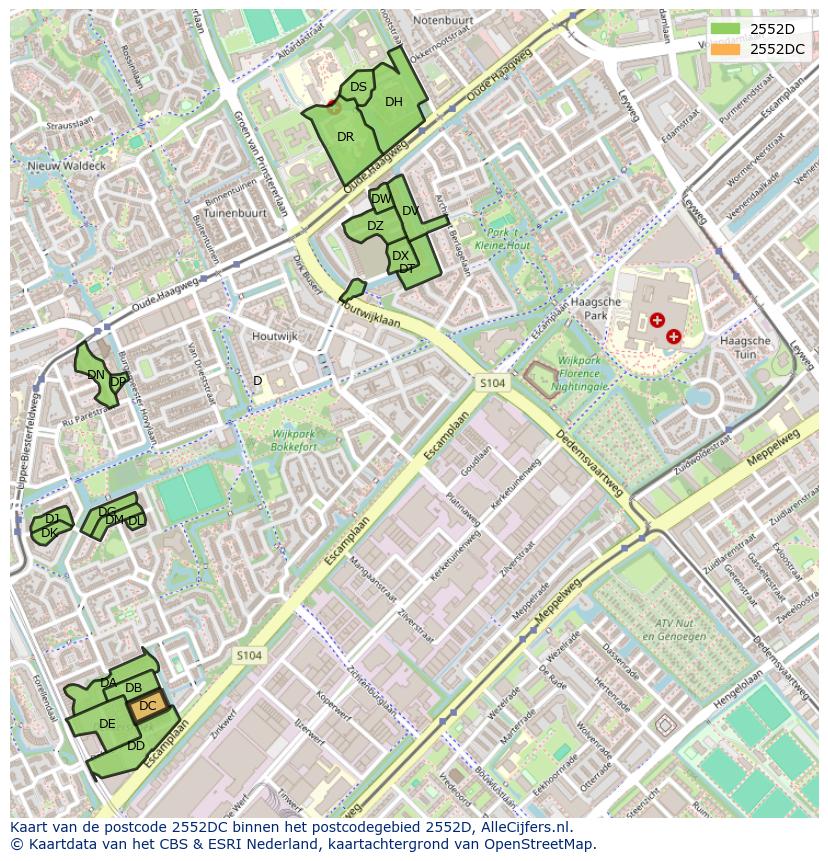 Afbeelding van het postcodegebied 2552 DC op de kaart.