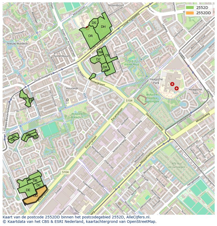 Afbeelding van het postcodegebied 2552 DD op de kaart.