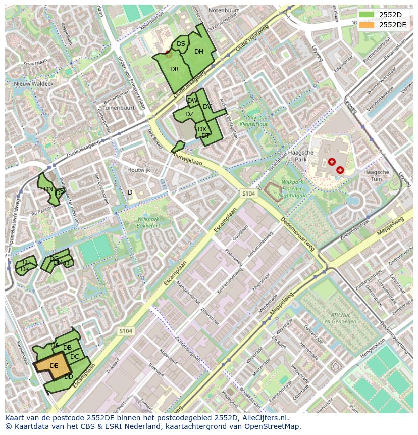 Afbeelding van het postcodegebied 2552 DE op de kaart.