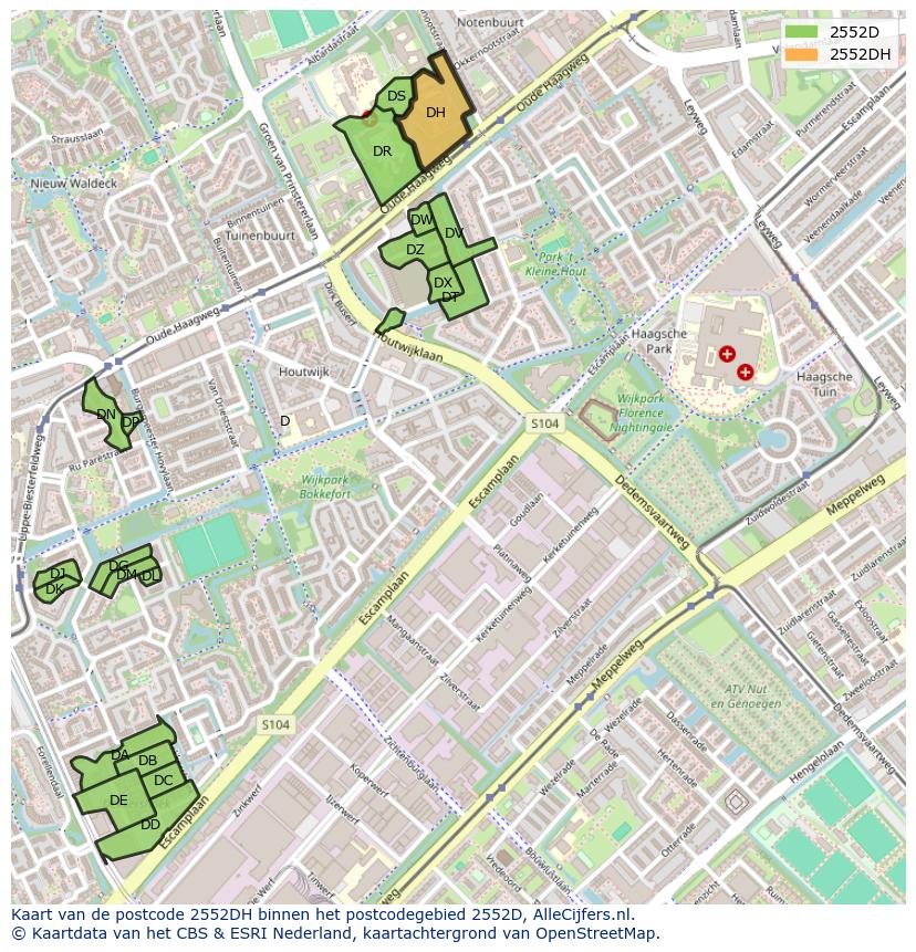Afbeelding van het postcodegebied 2552 DH op de kaart.