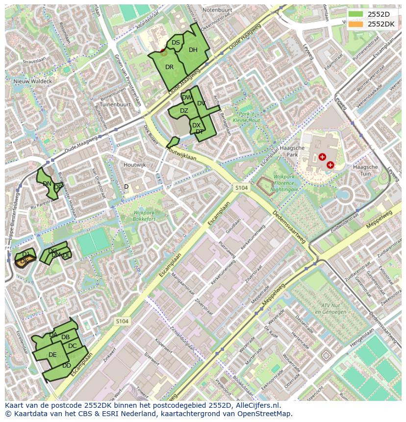 Afbeelding van het postcodegebied 2552 DK op de kaart.