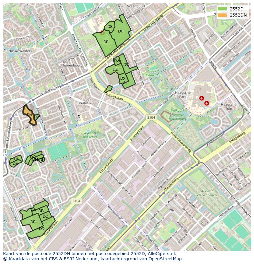 Afbeelding van het postcodegebied 2552 DN op de kaart.