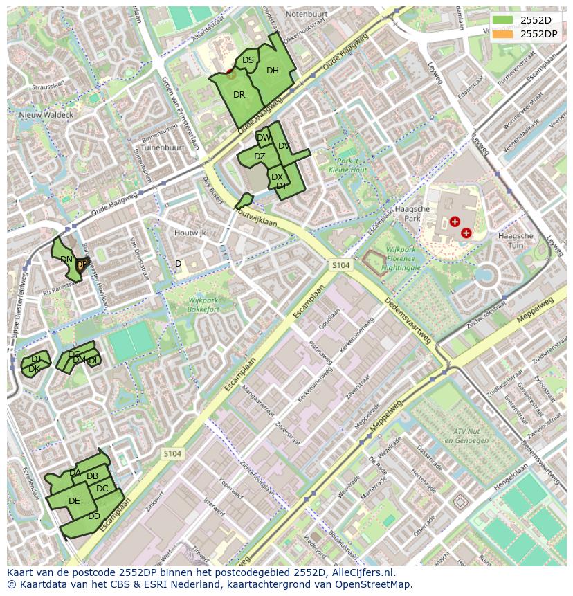 Afbeelding van het postcodegebied 2552 DP op de kaart.