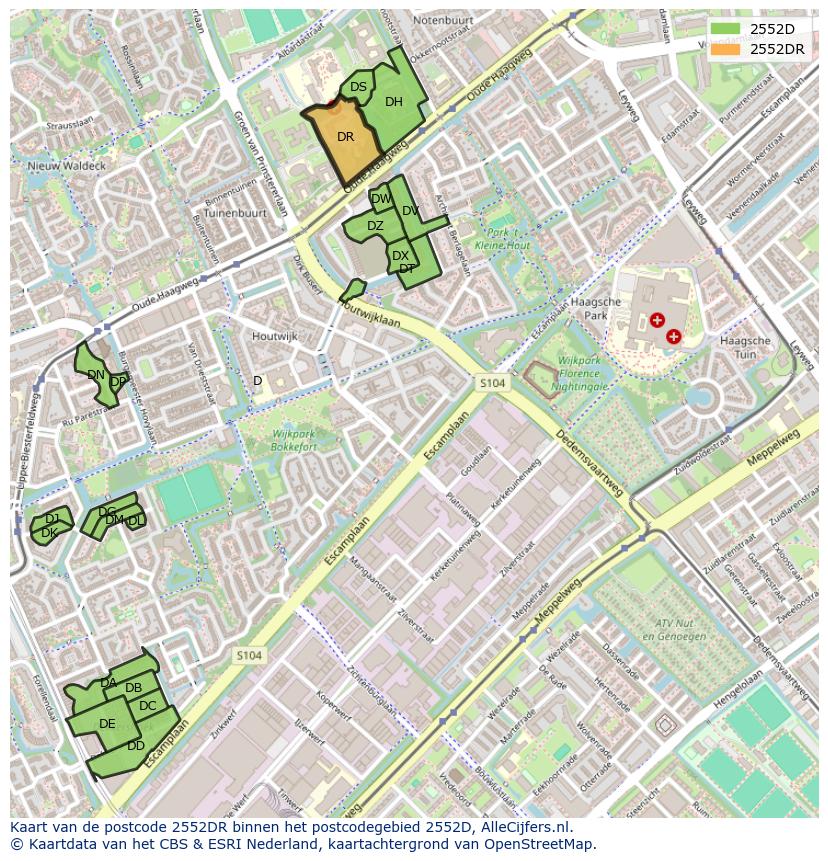 Afbeelding van het postcodegebied 2552 DR op de kaart.