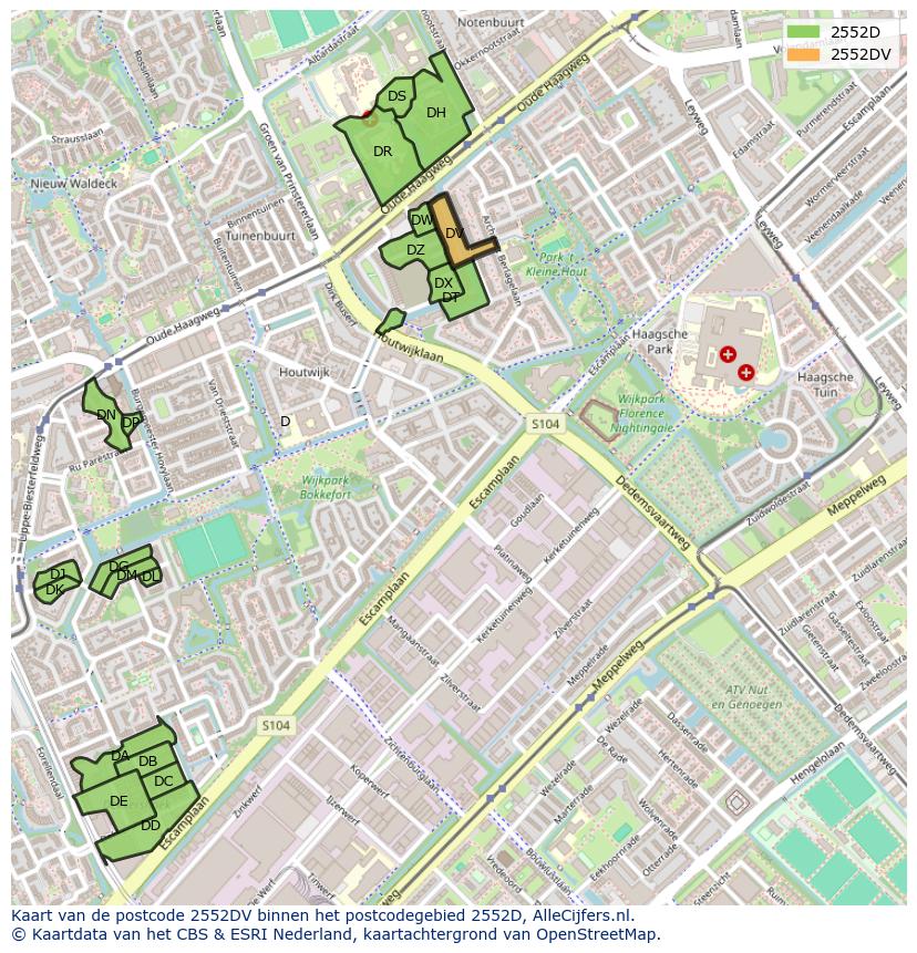 Afbeelding van het postcodegebied 2552 DV op de kaart.