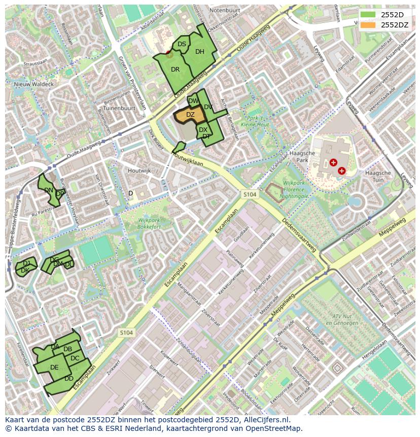 Afbeelding van het postcodegebied 2552 DZ op de kaart.