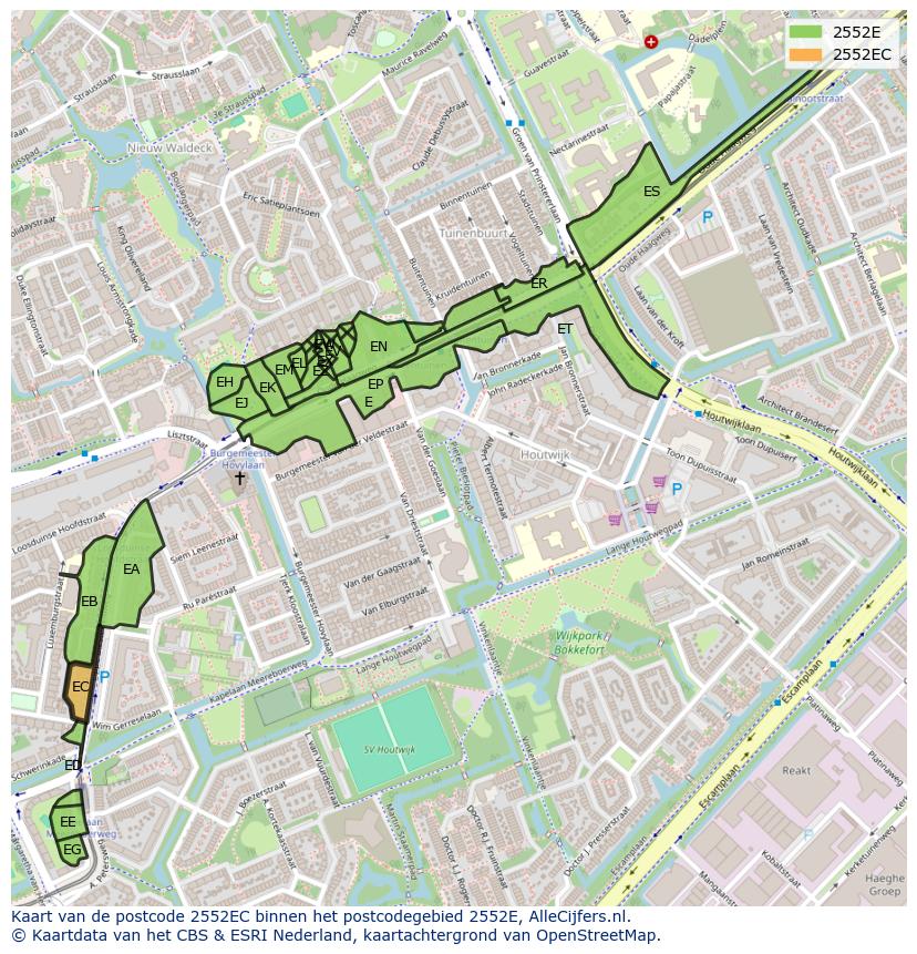 Afbeelding van het postcodegebied 2552 EC op de kaart.