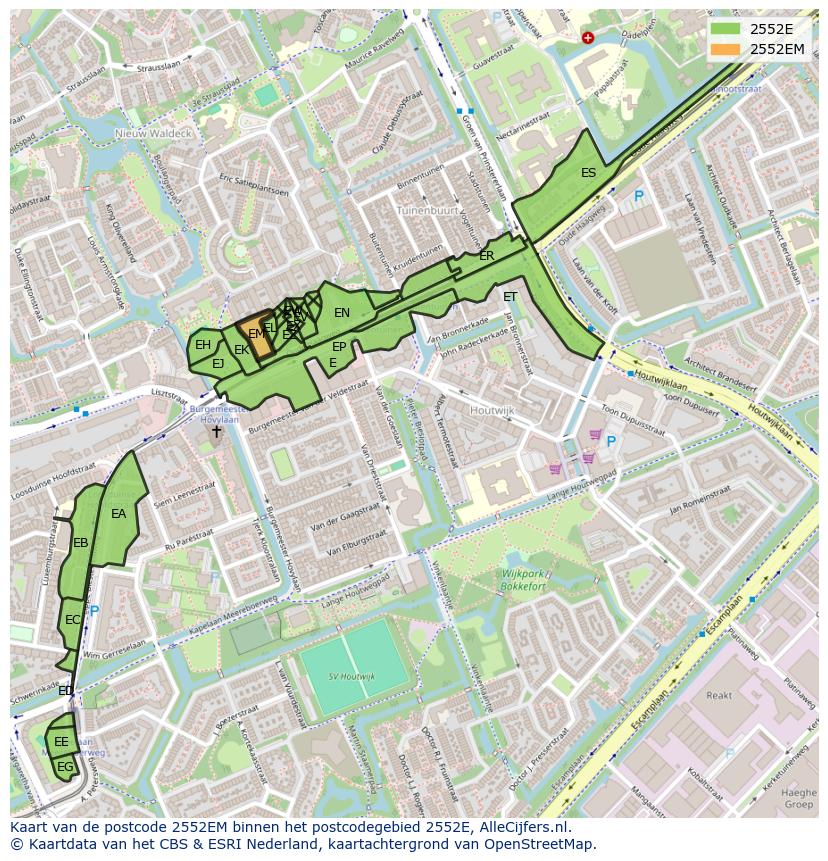Afbeelding van het postcodegebied 2552 EM op de kaart.