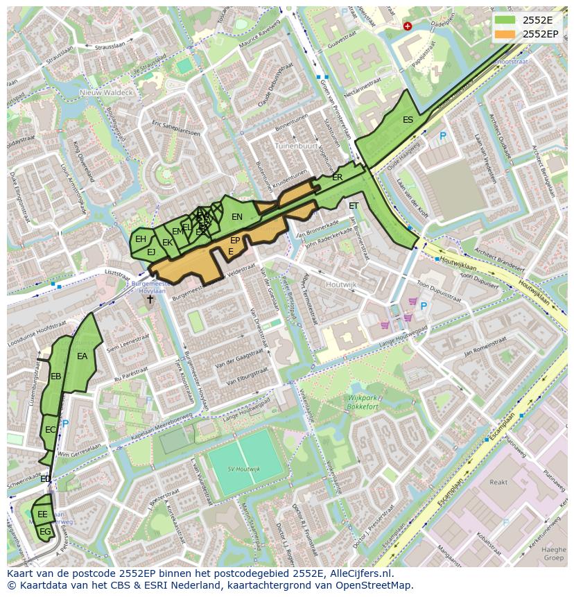 Afbeelding van het postcodegebied 2552 EP op de kaart.