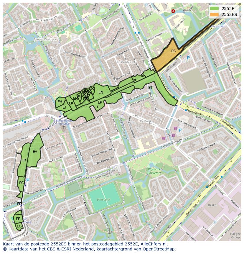 Afbeelding van het postcodegebied 2552 ES op de kaart.