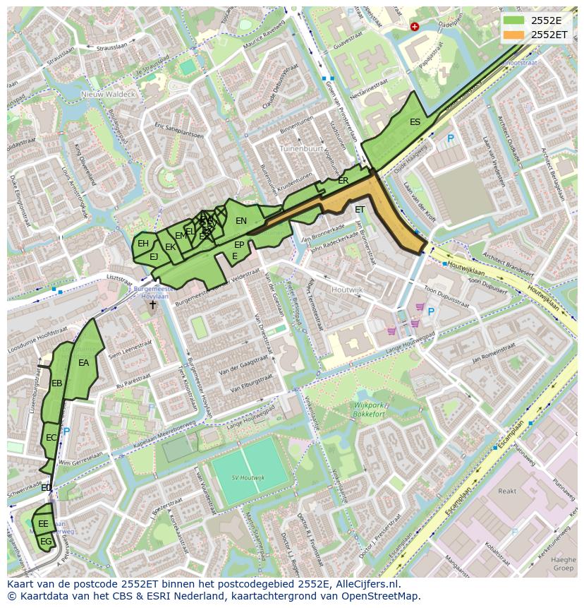 Afbeelding van het postcodegebied 2552 ET op de kaart.