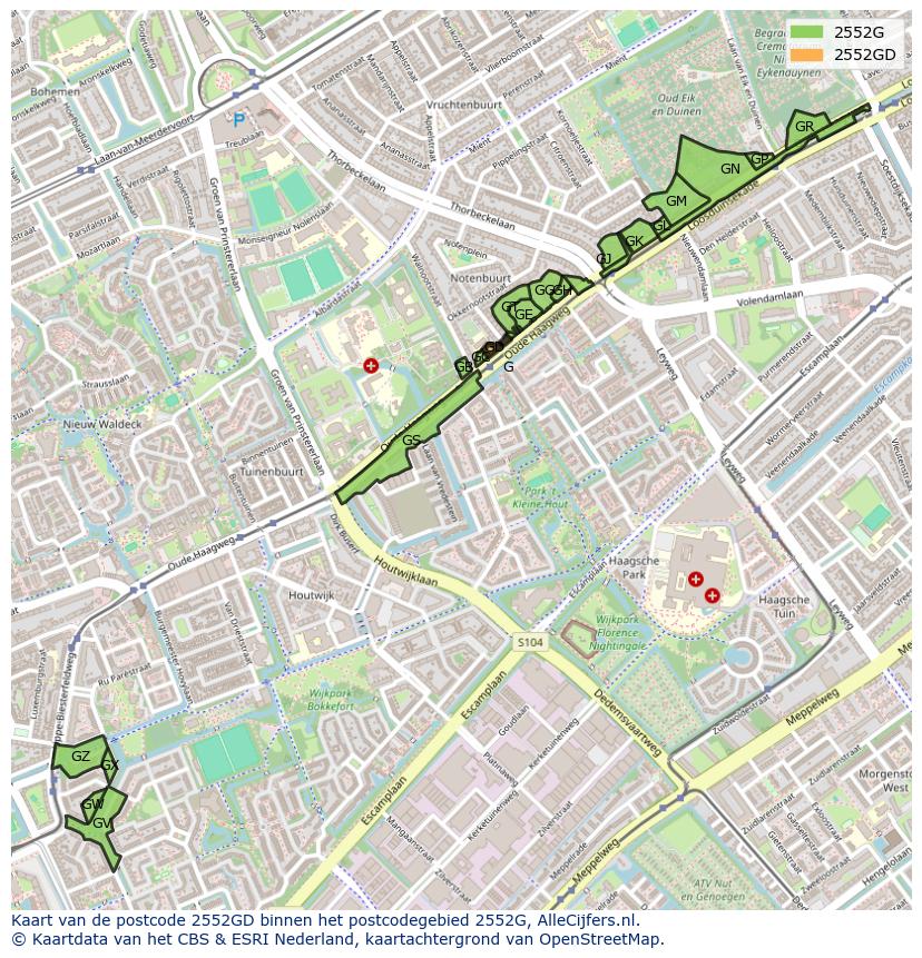 Afbeelding van het postcodegebied 2552 GD op de kaart.