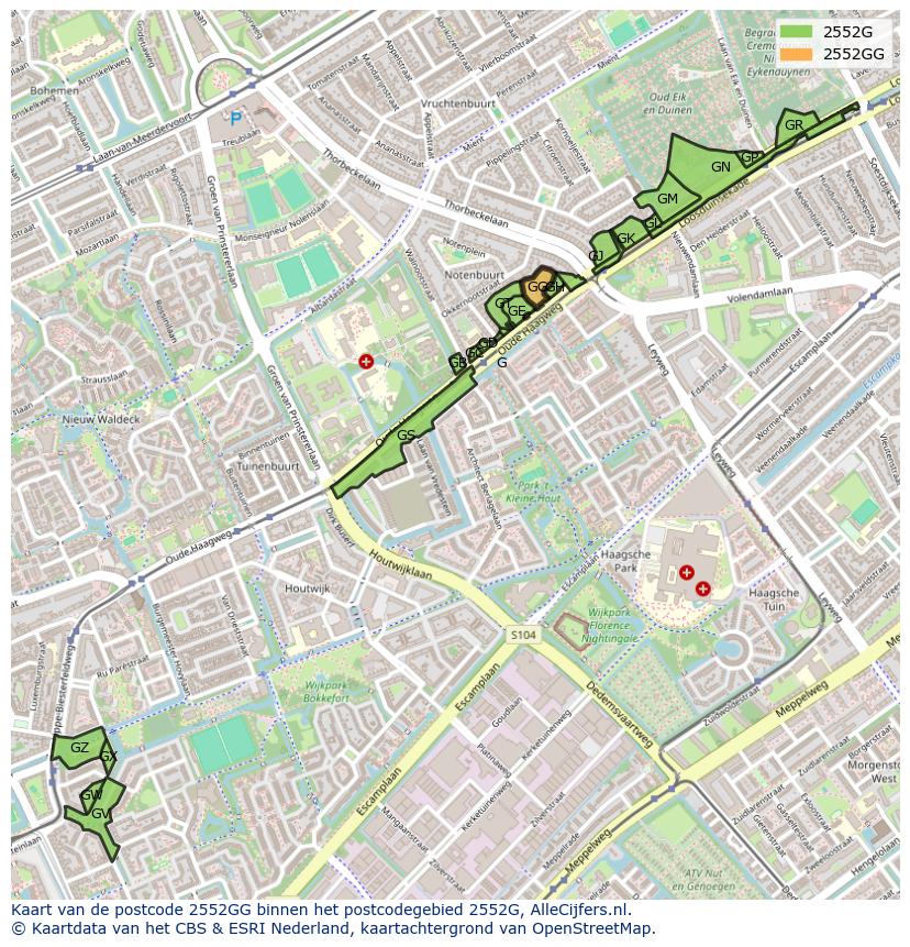 Afbeelding van het postcodegebied 2552 GG op de kaart.