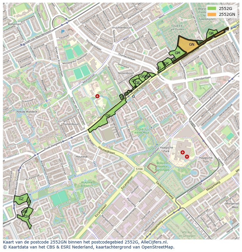 Afbeelding van het postcodegebied 2552 GN op de kaart.
