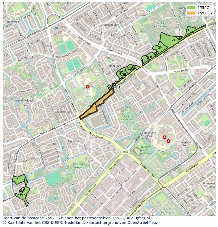 Afbeelding van het postcodegebied 2552 GS op de kaart.
