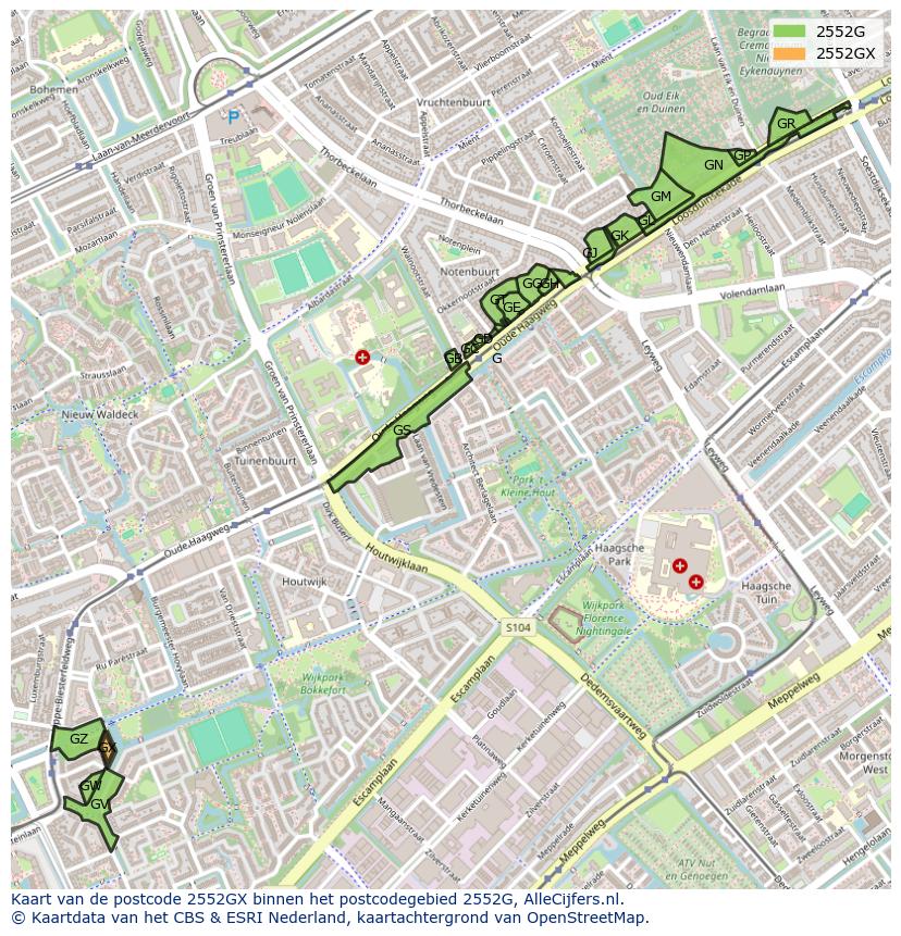 Afbeelding van het postcodegebied 2552 GX op de kaart.