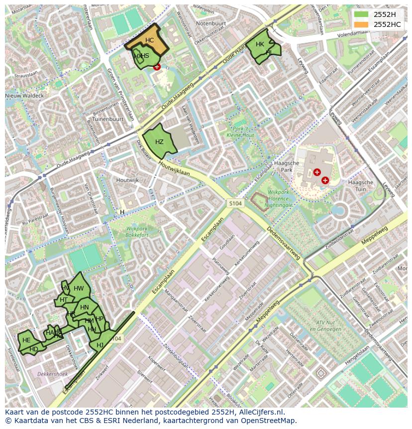 Afbeelding van het postcodegebied 2552 HC op de kaart.