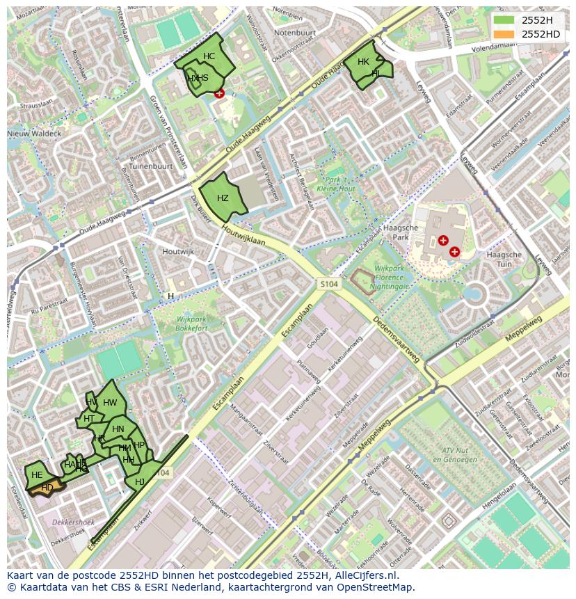 Afbeelding van het postcodegebied 2552 HD op de kaart.